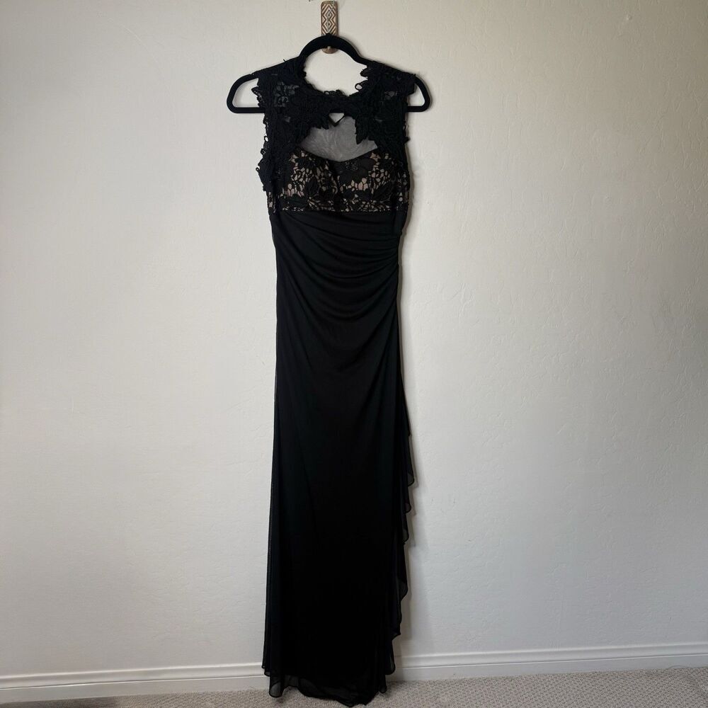 Betsey & Adam Sz 6 Lace Ruffled Mesh Sheer Back Maxi Formal Dress Hoco Prom Goth